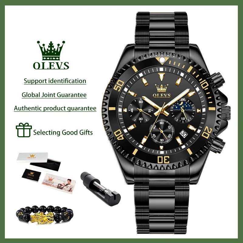 OLEVS 2870 Men’s Luxury Chronograph Watch – Moon Phase, Steel Band & Calendar