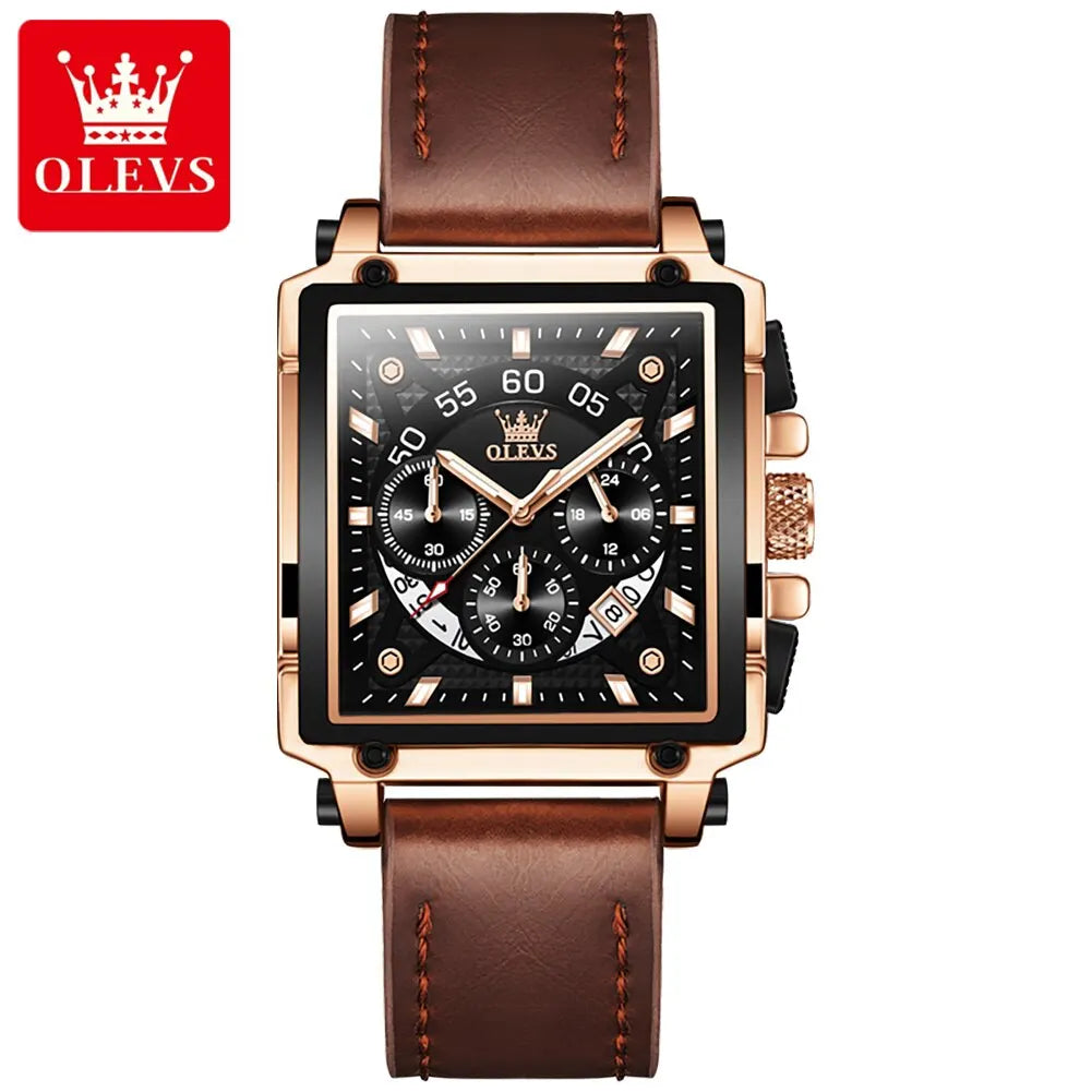 OLEVS Men’s Square Quartz Watch – Leather Strap, Waterproof, Sporty & Elegant Design