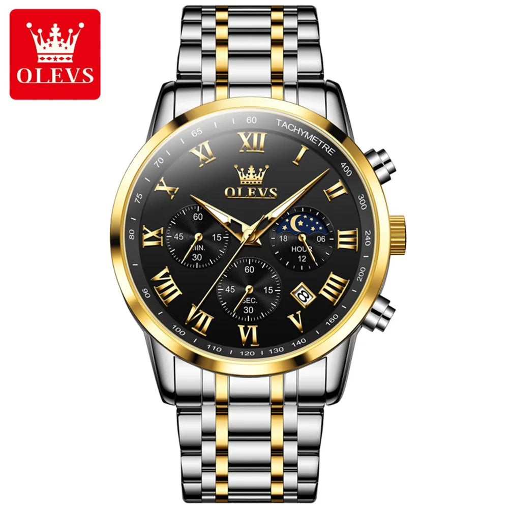 OLEVS Men’s Luxury Quartz Watch – Leather Strap, Waterproof, Moon Phase, Sport & Business Design