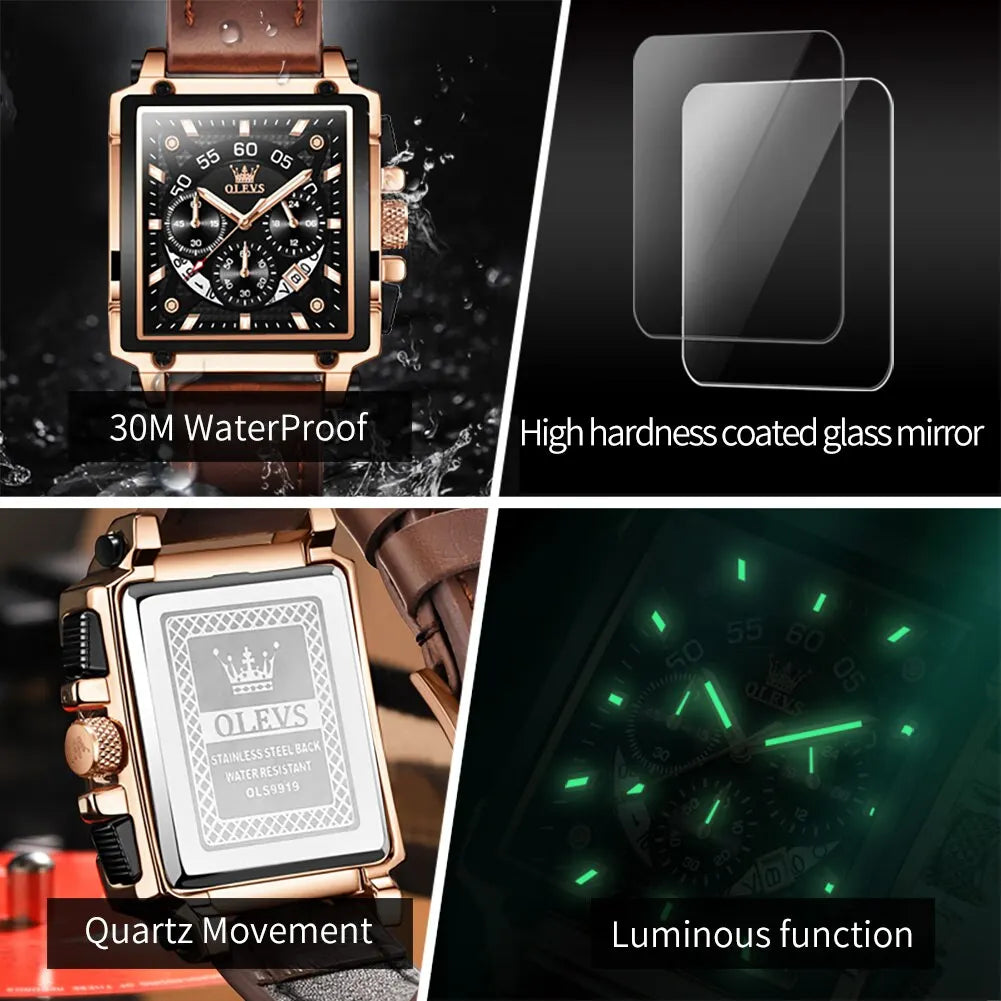 OLEVS Men’s Square Quartz Watch – Leather Strap, Waterproof, Sporty & Elegant Design