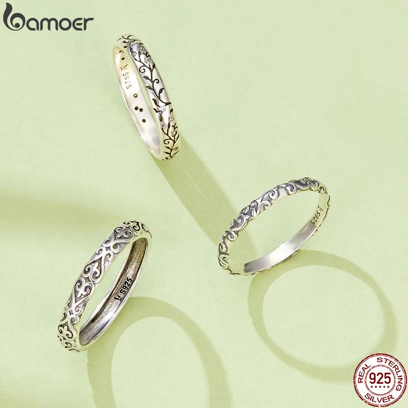 BAMOER 925 Silver Vintage Vine Band Ring for Women