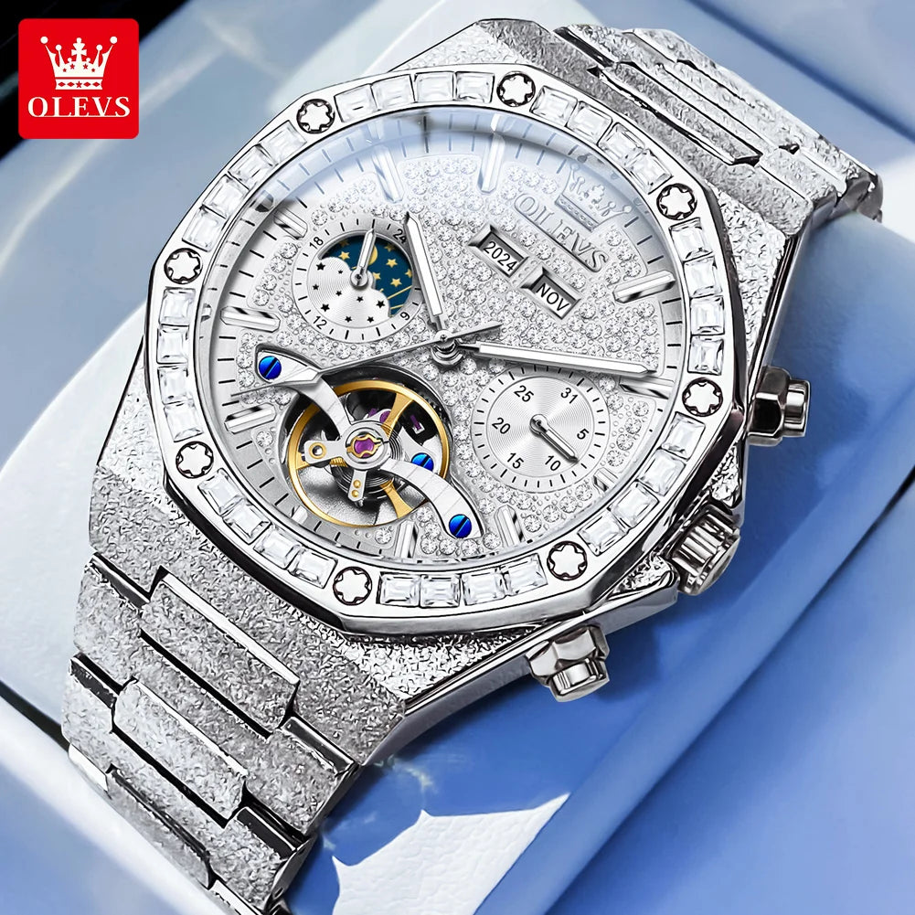 OLEVS 9805 Luxury Mechanical Men’s Watch – Moon Phase, Diamond Dial, Skeleton Design, Waterproof