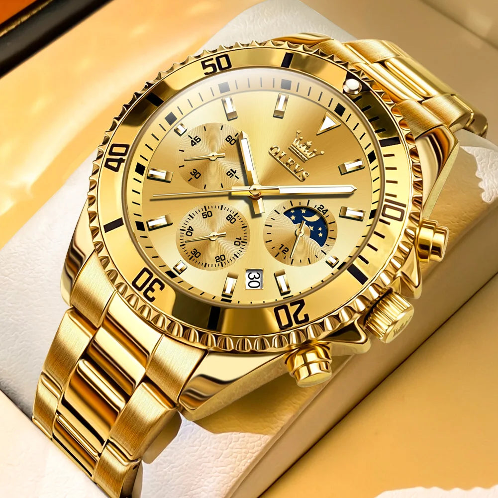 OLEVS 2870 Luxury Men’s Golden Watch – Fashion & Business Design, Waterproof, Moon Phase, Quartz Wristwatch