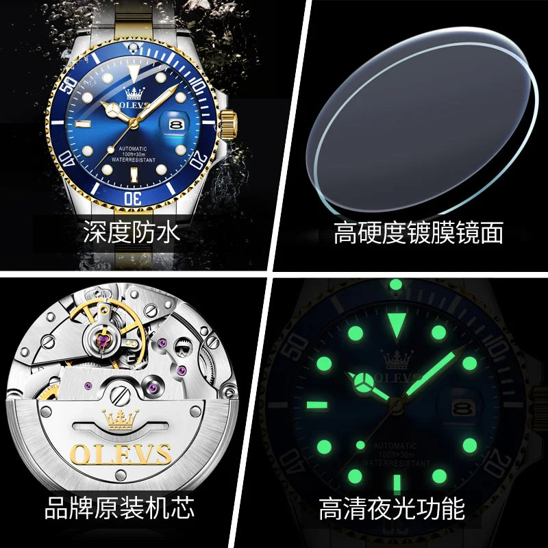 OLEVS Luxury Men’s Automatic Mechanical Watch – Stainless Steel, Waterproof, Luminous, Date Display