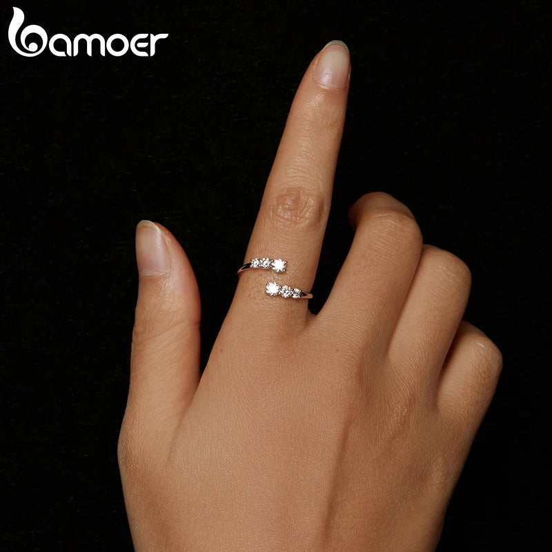 BAMOER Moissanite Adjustable 925 Silver Ring – Elegant White Gold Plated Engagement Jewelry