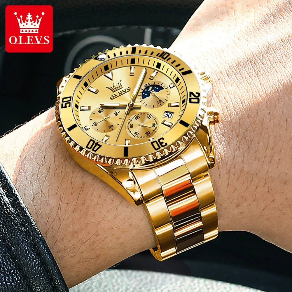 OLEVS 2870 Luxury Men’s Golden Watch – Fashion & Business Design, Waterproof, Moon Phase, Quartz Wristwatch