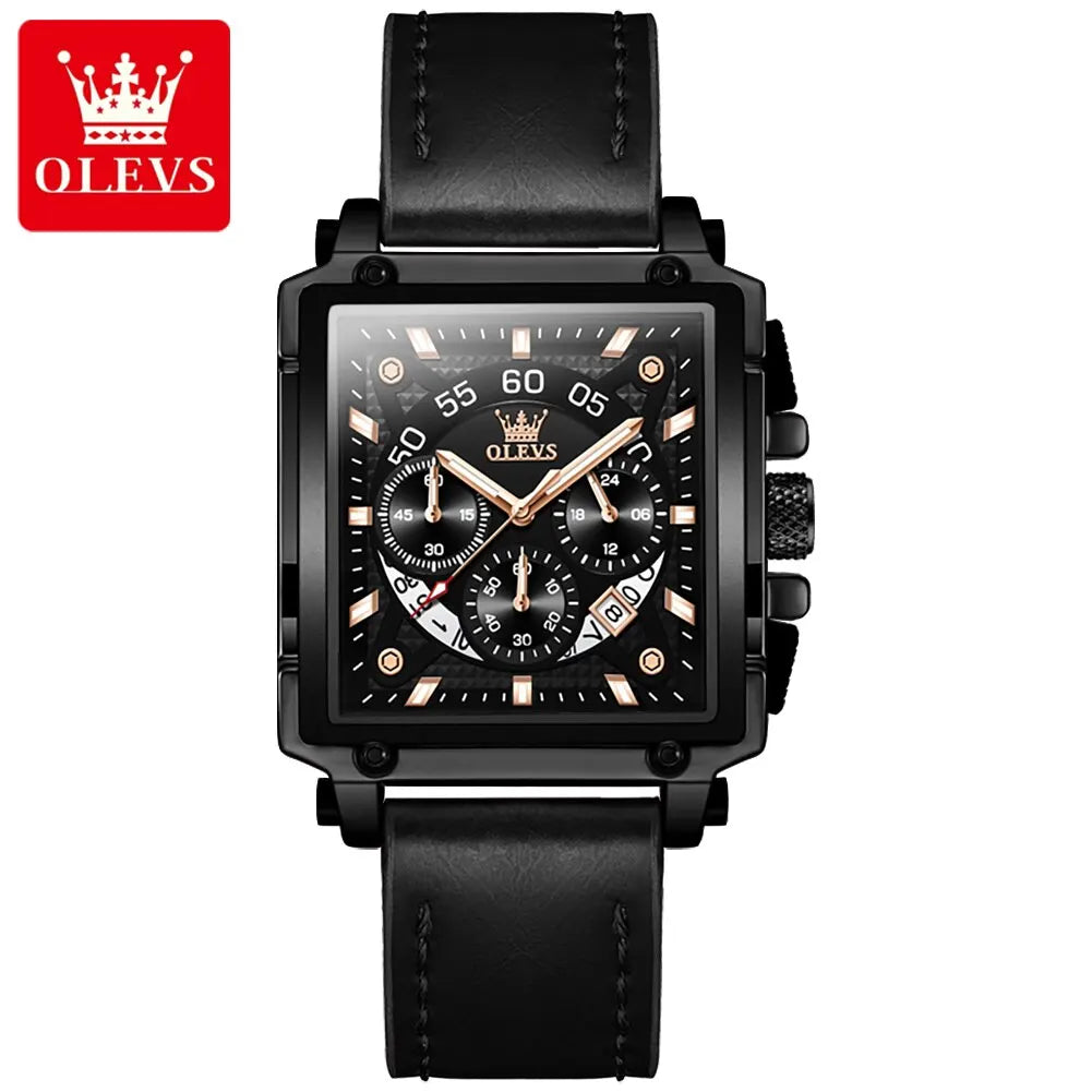 OLEVS Men’s Square Quartz Watch – Leather Strap, Waterproof, Sporty & Elegant Design