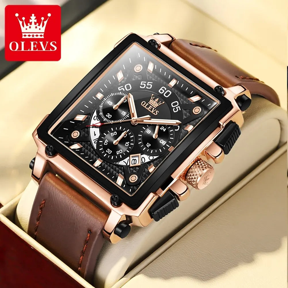 OLEVS Men’s Square Quartz Watch – Leather Strap, Waterproof, Sporty & Elegant Design