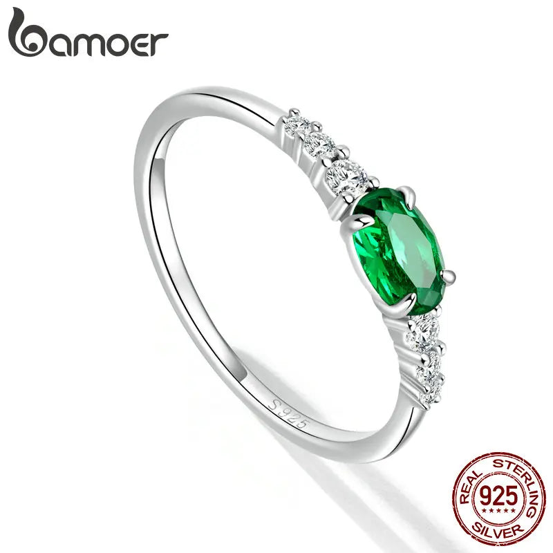 BAMOER Green Zirconium 925 Silver Ring – Elegant Women’s Jewelry