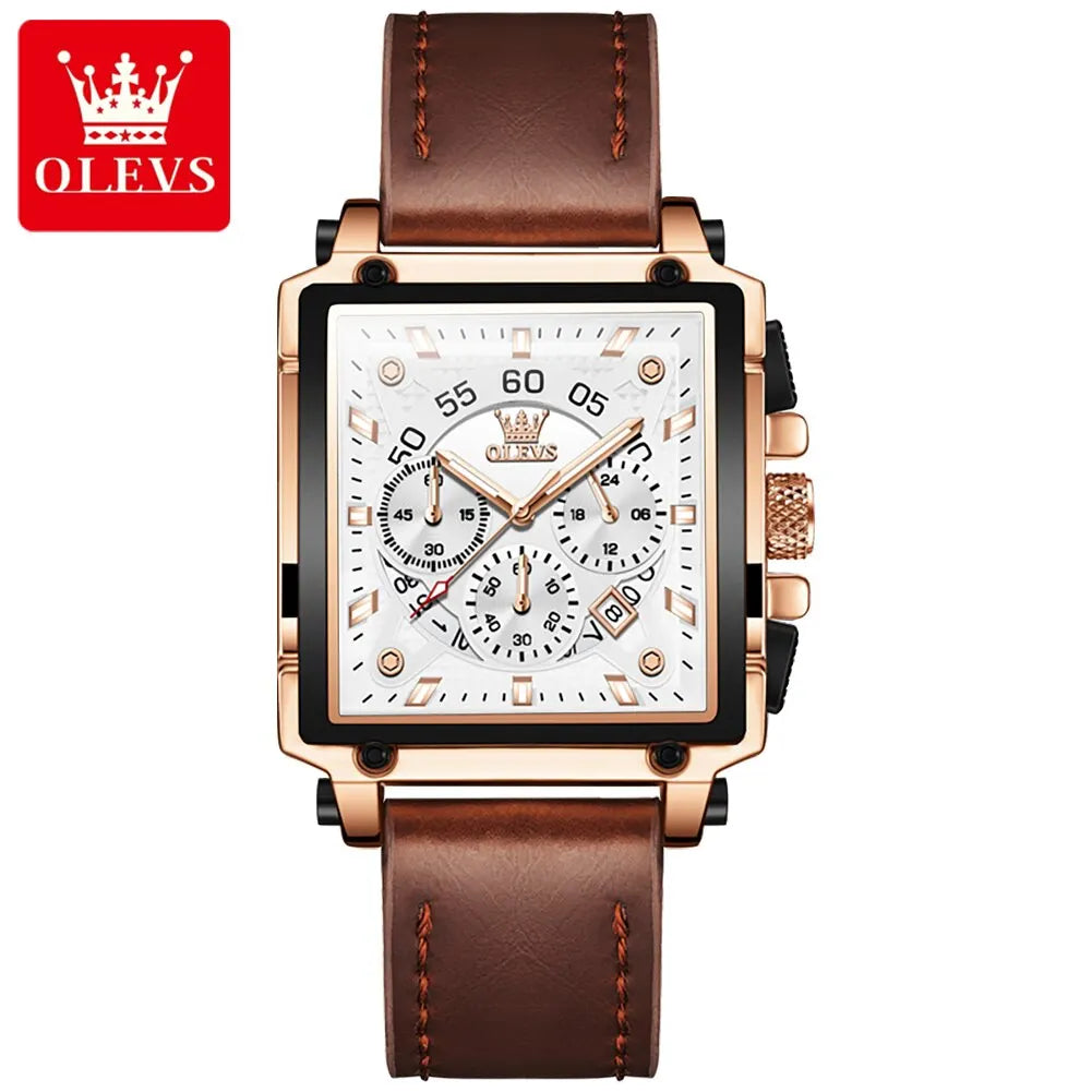 OLEVS Men’s Square Quartz Watch – Leather Strap, Waterproof, Sporty & Elegant Design