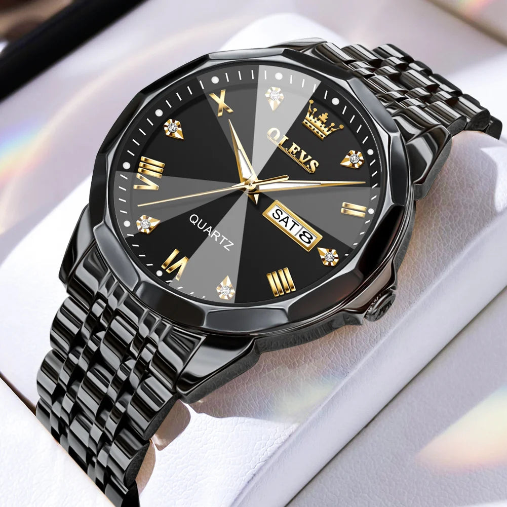 OLEVS Luxury Men’s Quartz Watch – Gold Stainless Steel, Waterproof