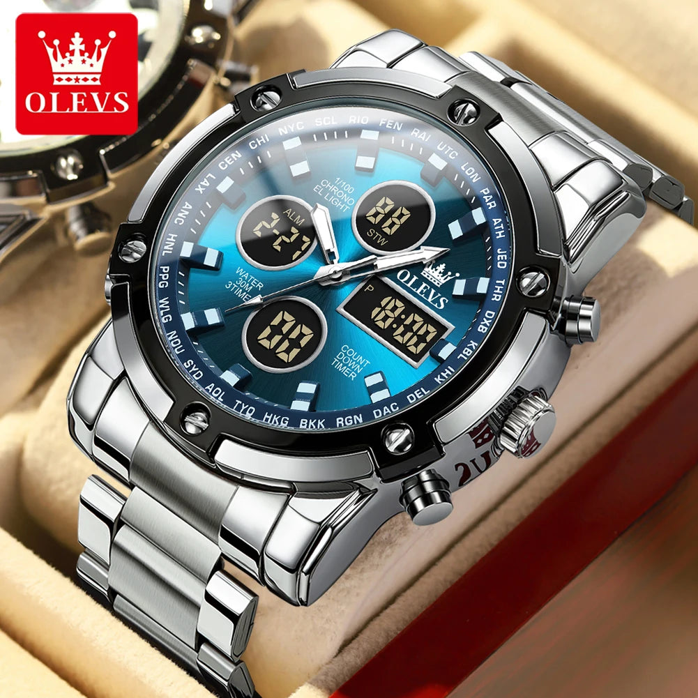 OLEVS Men’s LED Display Watch – Stainless Steel, Waterproof, Quartz, Trendy Sports & Fashion Design