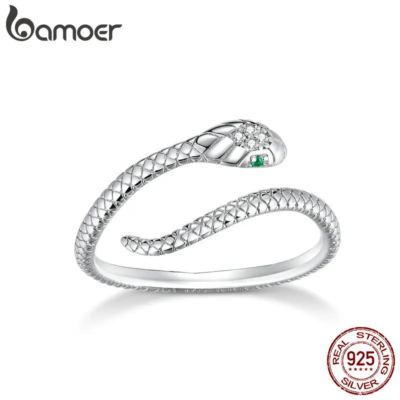 BAMOER 925 Silver Platinum Plated Green Zircon Snake Ring