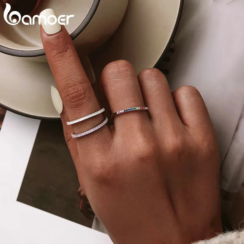 BAMOER 925 Sterling Silver CZ Pave Stackable Ring – Gold Plated Eternity Band