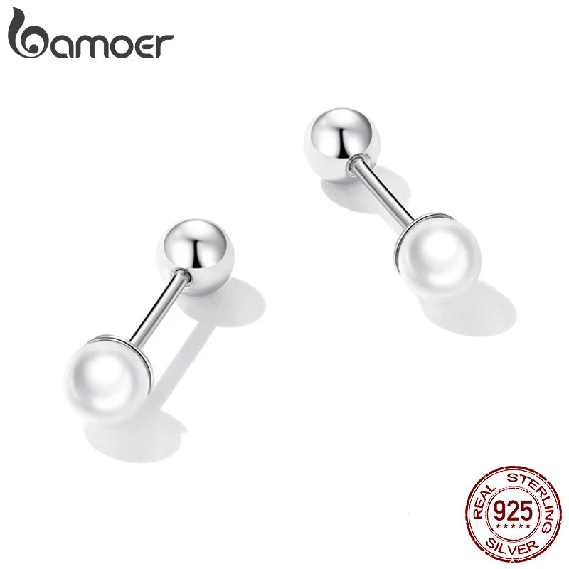BAMOER Pearl Charm Silver Stud Earrings