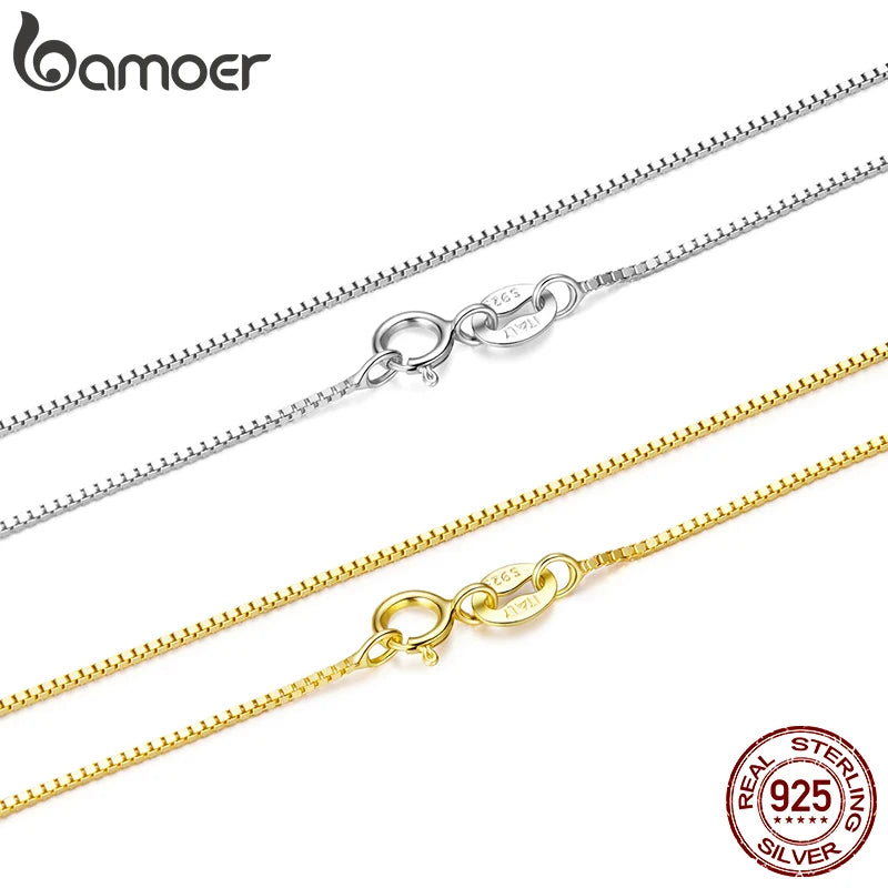 BAMOER 925 Sterling Silver Solid Gold Box Chain Necklace for Women – 0.8mm Thin & Durable