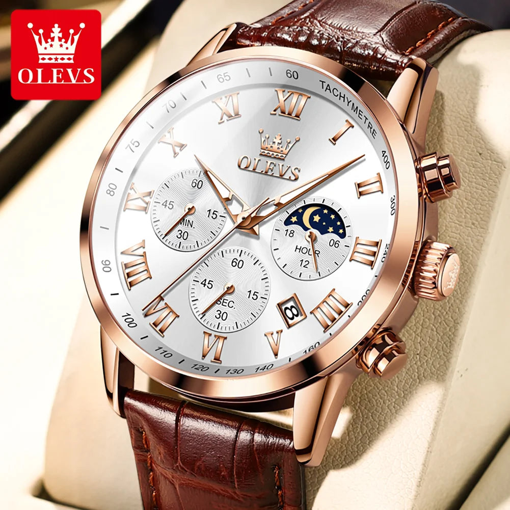OLEVS Men’s Luxury Quartz Watch – Leather Strap, Waterproof, Moon Phase, Sport & Business Design