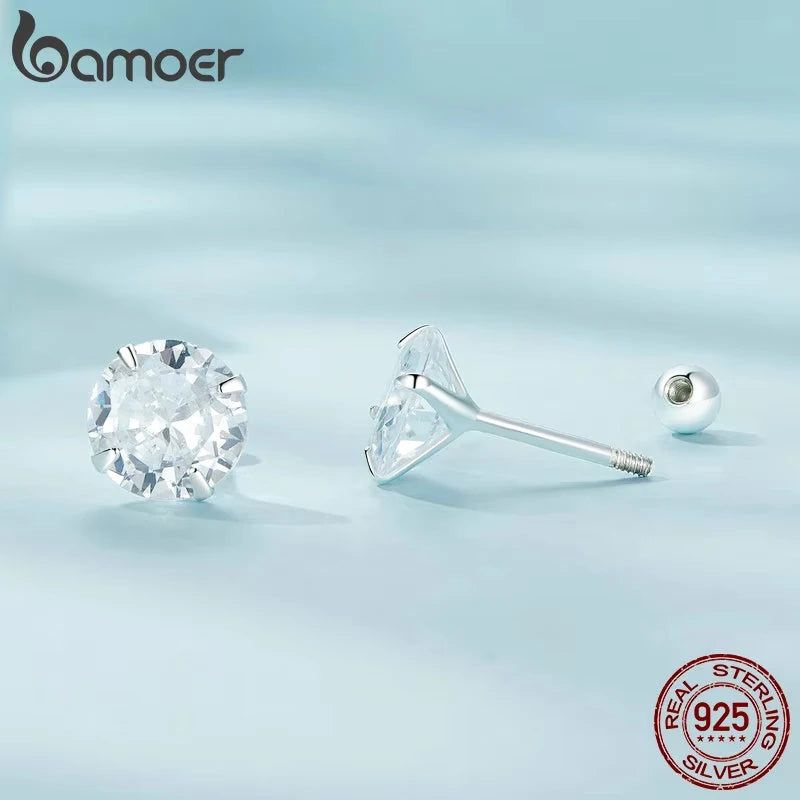 BAMOER 925 Sterling Silver CZ Round Stud Earrings – Platinum Plated, Hypoallergenic