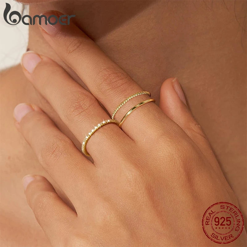 BAMOER Gold Plated 925 Silver Zircon Stacking Ring for Women