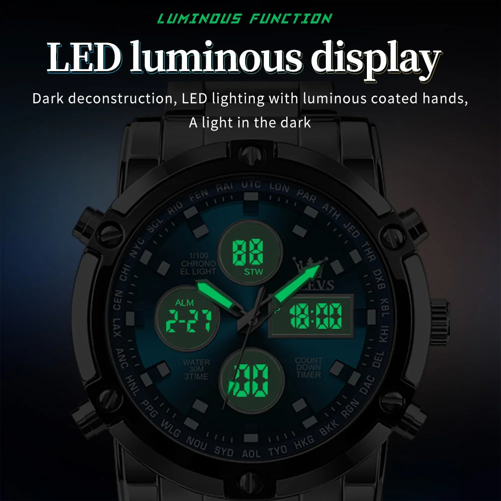 OLEVS Men’s LED Display Watch – Stainless Steel, Waterproof, Quartz, Trendy Sports & Fashion Design
