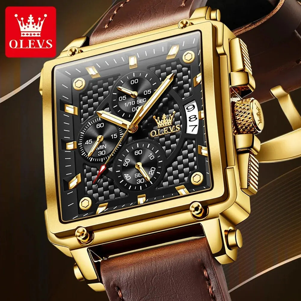 OLEVS Men’s Square Quartz Watch – Leather Strap, Waterproof, Luminous Chronograph, Luxury Sports Design