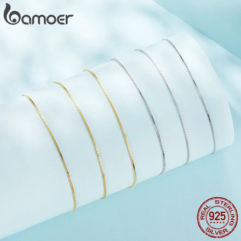 BAMOER 925 Sterling Silver Solid Gold Box Chain Necklace for Women – 0.8mm Thin & Durable