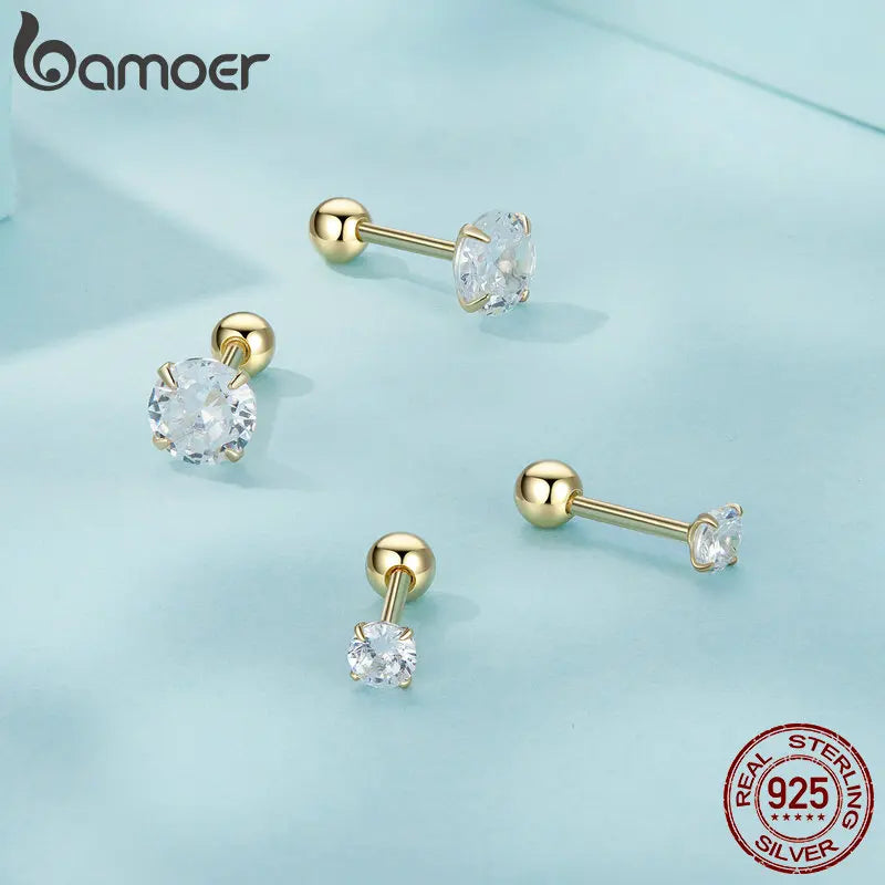 BAMOER 925 Sterling Silver CZ Round Stud Earrings – Platinum Plated, Hypoallergenic
