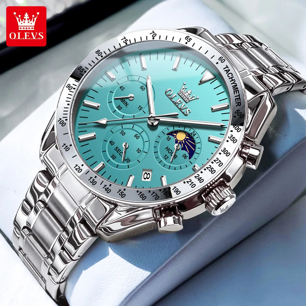 OLEVS Men’s Fashion Skeleton Quartz Watch – Moon Phase, Luminous, Calendar, Waterproof Chronometer