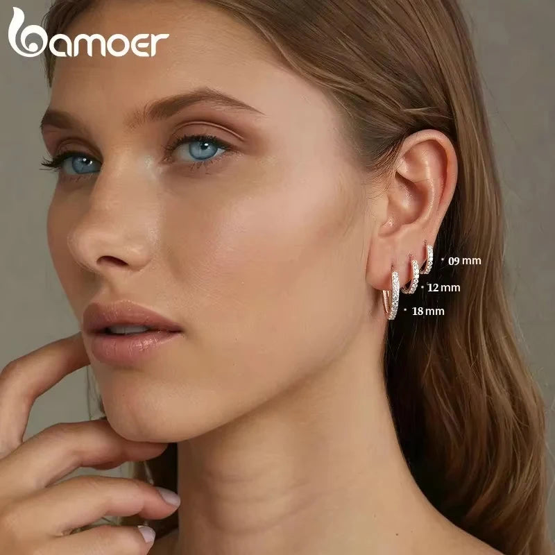 BAMOER CZ White Gold Huggie Hoop Earrings