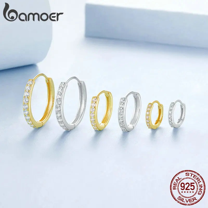 BAMOER CZ White Gold Huggie Hoop Earrings