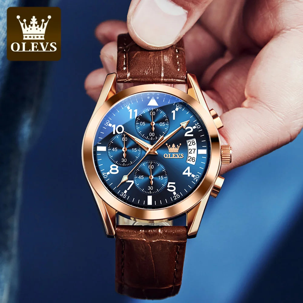 OLEVS 2878 Luxury Men’s Quartz Watch – Leather Strap, Waterproof, Luminous, Multifunctional Business & Sports Design
