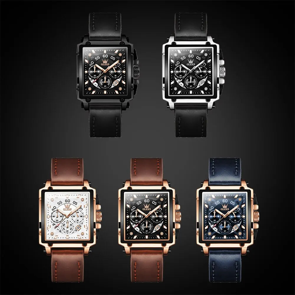OLEVS Men’s Square Quartz Watch – Leather Strap, Waterproof, Sporty & Elegant Design