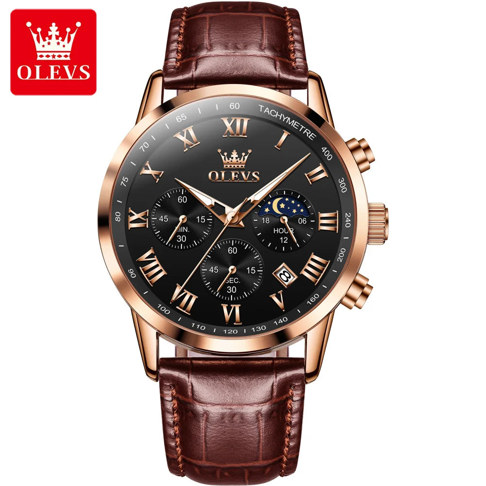 OLEVS Men’s Luxury Quartz Watch – Leather Strap, Waterproof, Moon Phase, Sport & Business Design