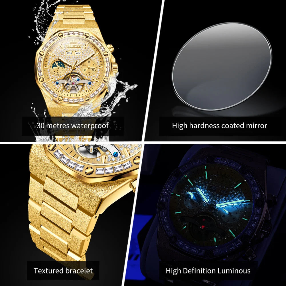 OLEVS 9805 Luxury Mechanical Men’s Watch – Moon Phase, Diamond Dial, Skeleton Design, Waterproof