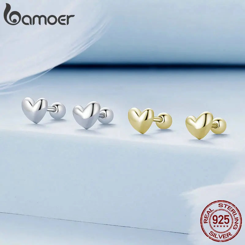 BAMOER 925 Sterling Silver Mini Heart Stud Earrings Platinum Plated Simple Glossy Earrings