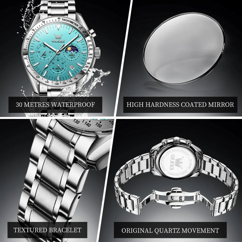OLEVS Men’s Fashion Skeleton Quartz Watch – Moon Phase, Luminous, Calendar, Waterproof Chronometer