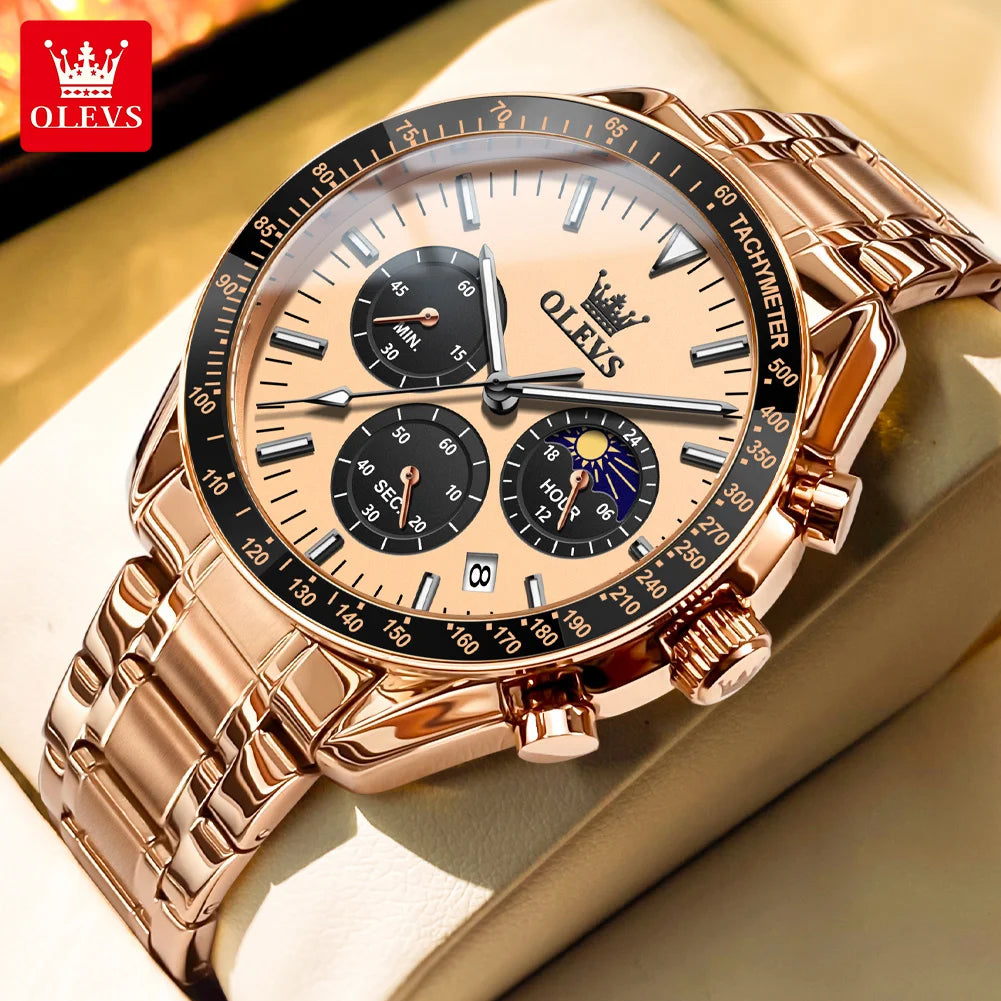 OLEVS Men’s Fashion Skeleton Quartz Watch – Moon Phase, Luminous, Calendar, Waterproof Chronometer