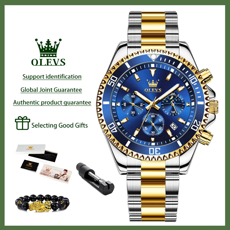 OLEVS 2870 Men’s Luxury Chronograph Watch – Moon Phase, Steel Band & Calendar