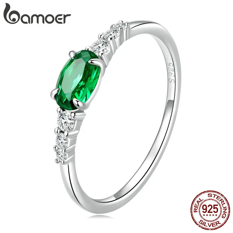 BAMOER Green Zirconium 925 Silver Ring – Elegant Women’s Jewelry