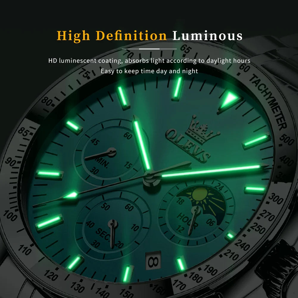 OLEVS Men’s Fashion Skeleton Quartz Watch – Moon Phase, Luminous, Calendar, Waterproof Chronometer