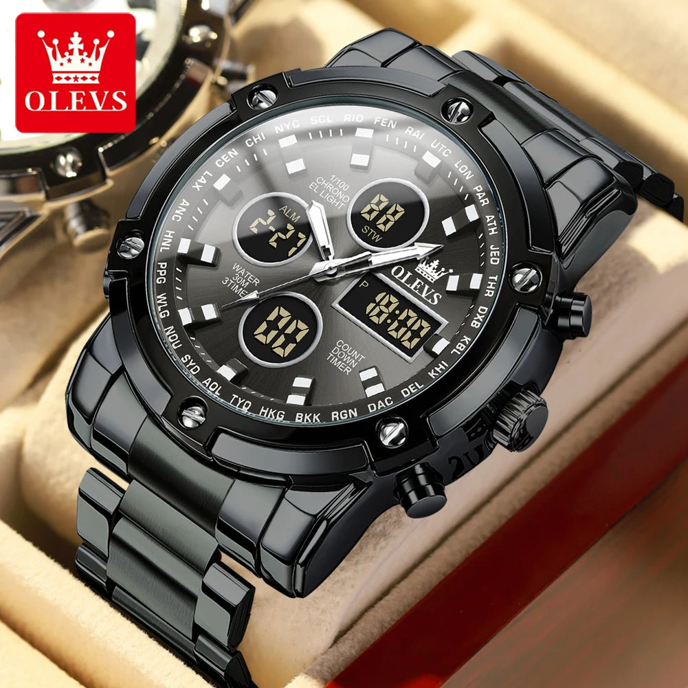 OLEVS Men’s LED Display Watch – Stainless Steel, Waterproof, Quartz, Trendy Sports & Fashion Design