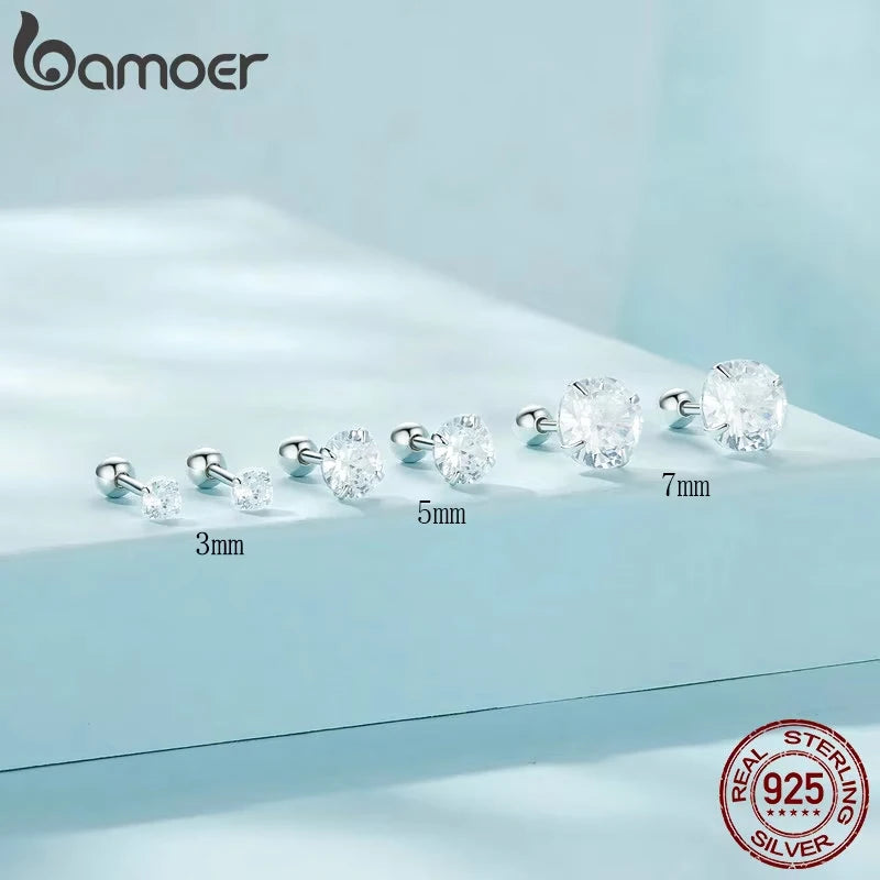 BAMOER 925 Sterling Silver CZ Round Stud Earrings – Platinum Plated, Hypoallergenic