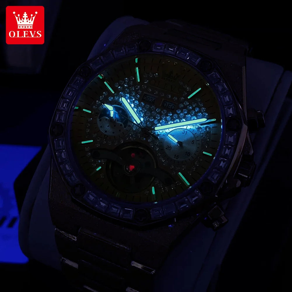 OLEVS 9805 Luxury Mechanical Men’s Watch – Moon Phase, Diamond Dial, Skeleton Design, Waterproof
