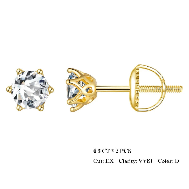 BAMOER Moissanite 6-Prong Gold Stud Earrings