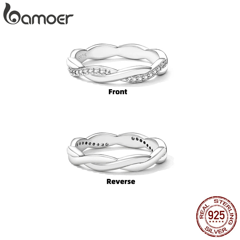 BAMOER 925 Silver Twisted CZ Gold Ring for Women