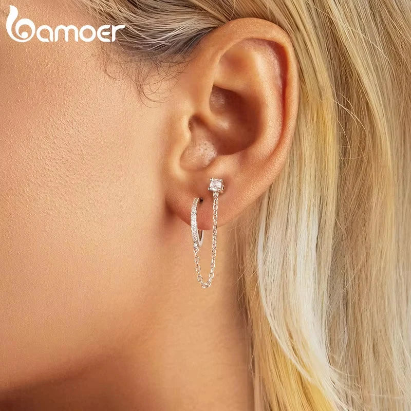 BAMOER Double Circle CZ Hoop Earrings