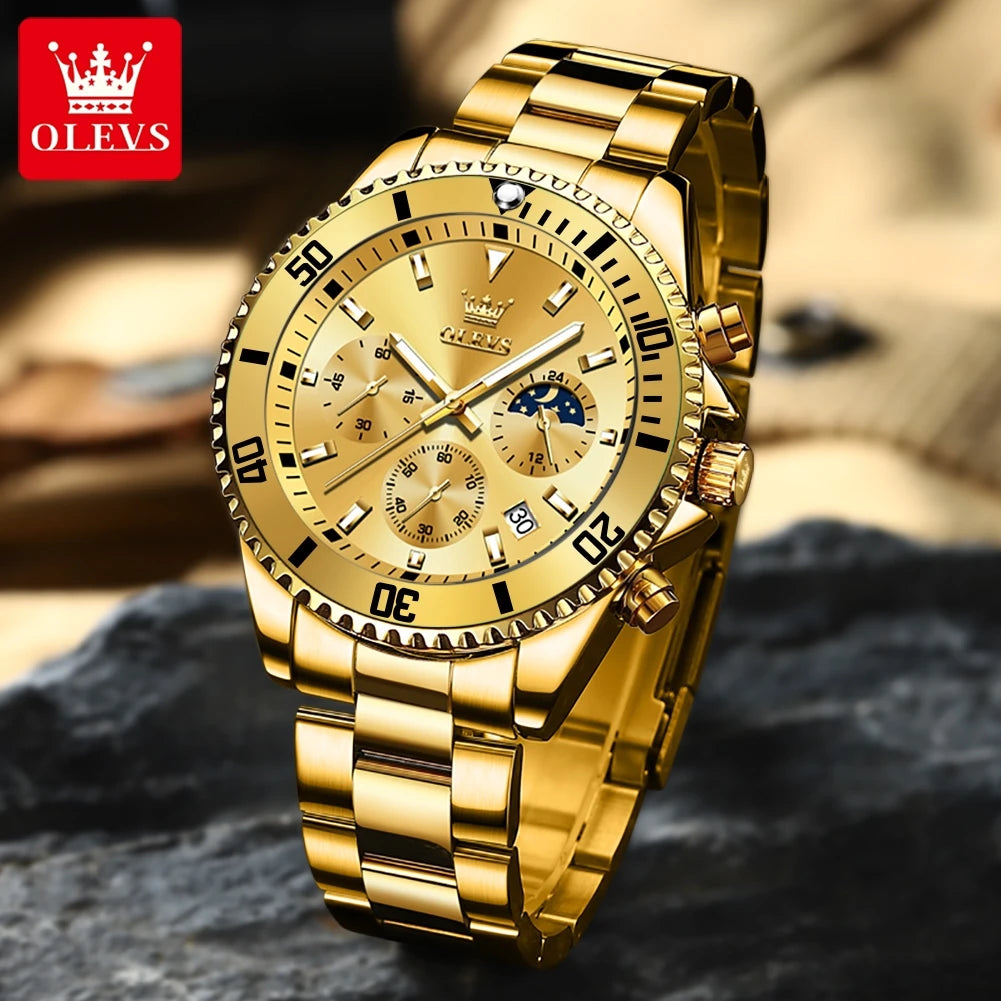OLEVS 2870 Luxury Men’s Golden Watch – Fashion & Business Design, Waterproof, Moon Phase, Quartz Wristwatch