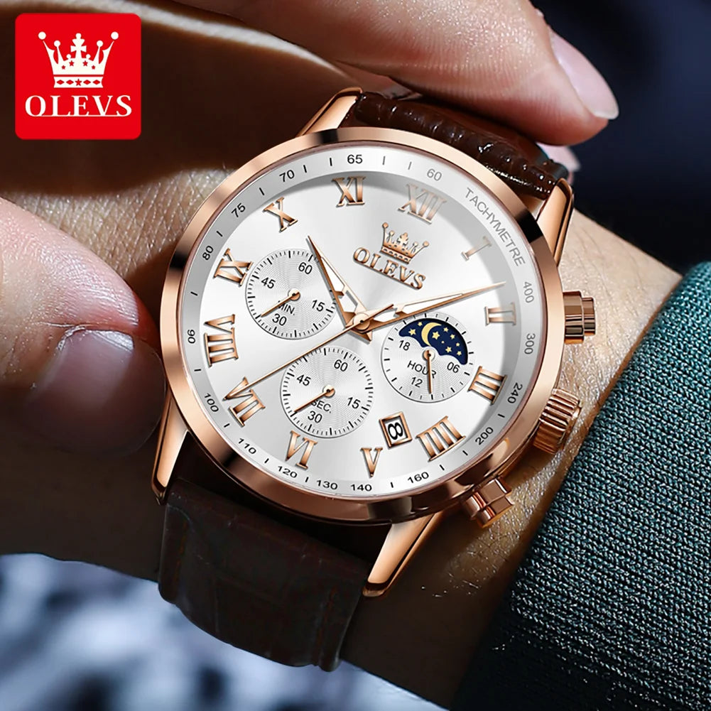 OLEVS Men’s Luxury Quartz Watch – Leather Strap, Waterproof, Moon Phase, Sport & Business Design